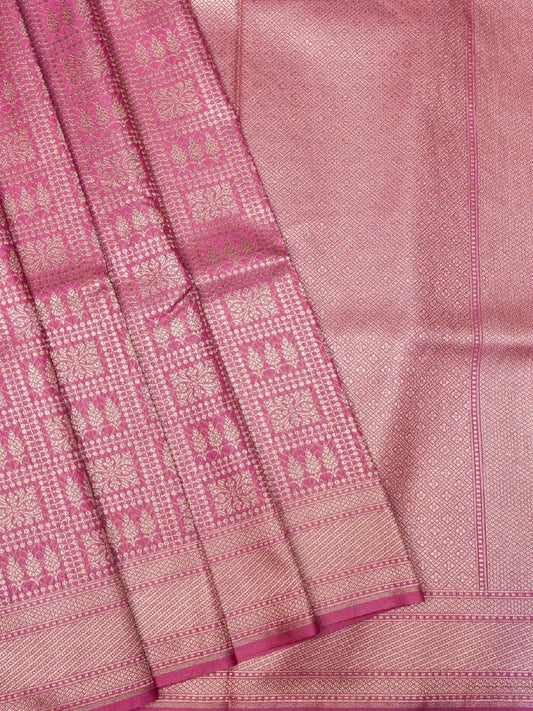 Handloom Magenta Pink Banarasi Silk with Golden Zari Geometric Floral Checks DSK00100
