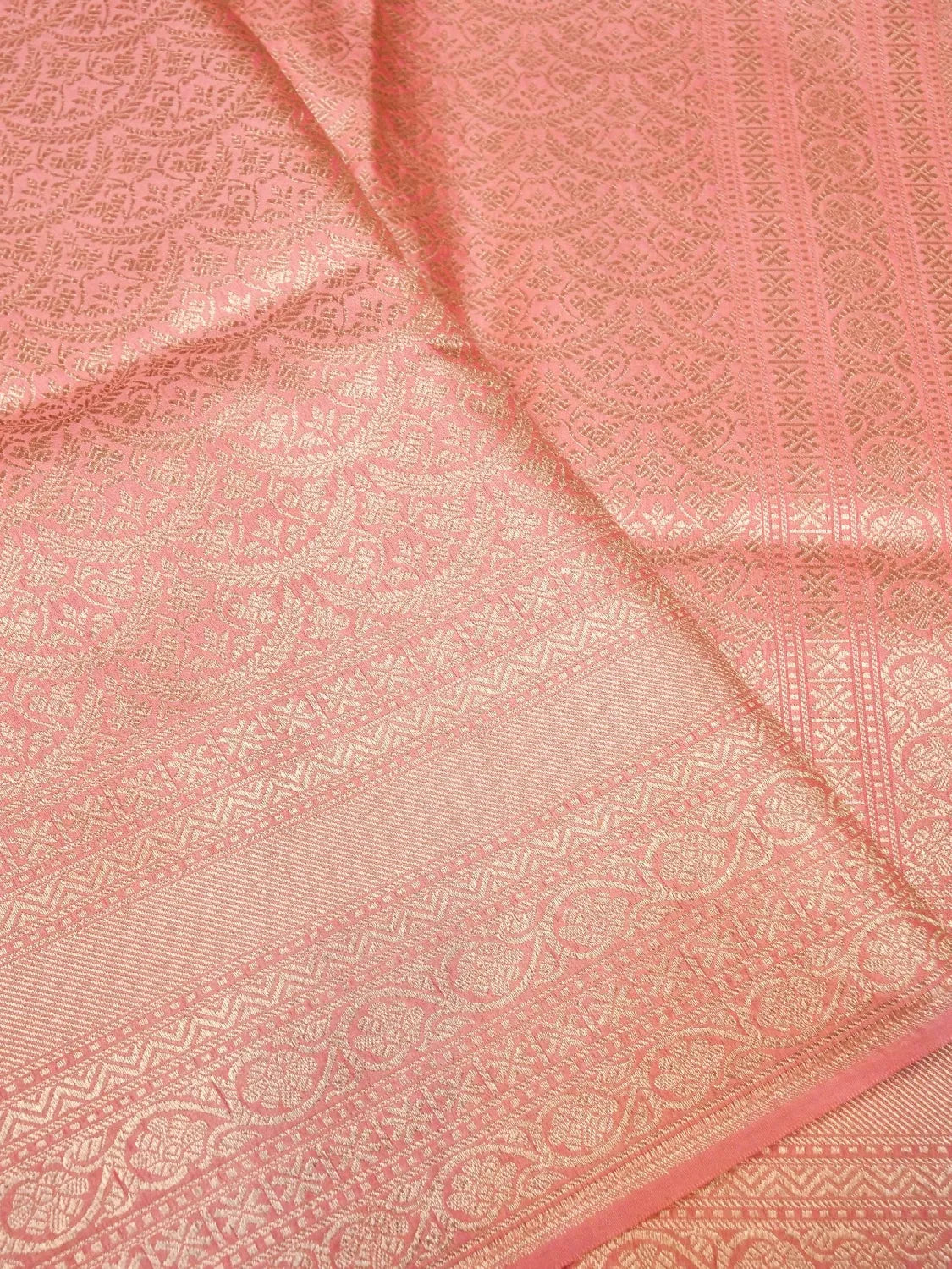 Handloom Peach Pink Banarasi Silk with Golden Zari Medallion Weave DSK00105