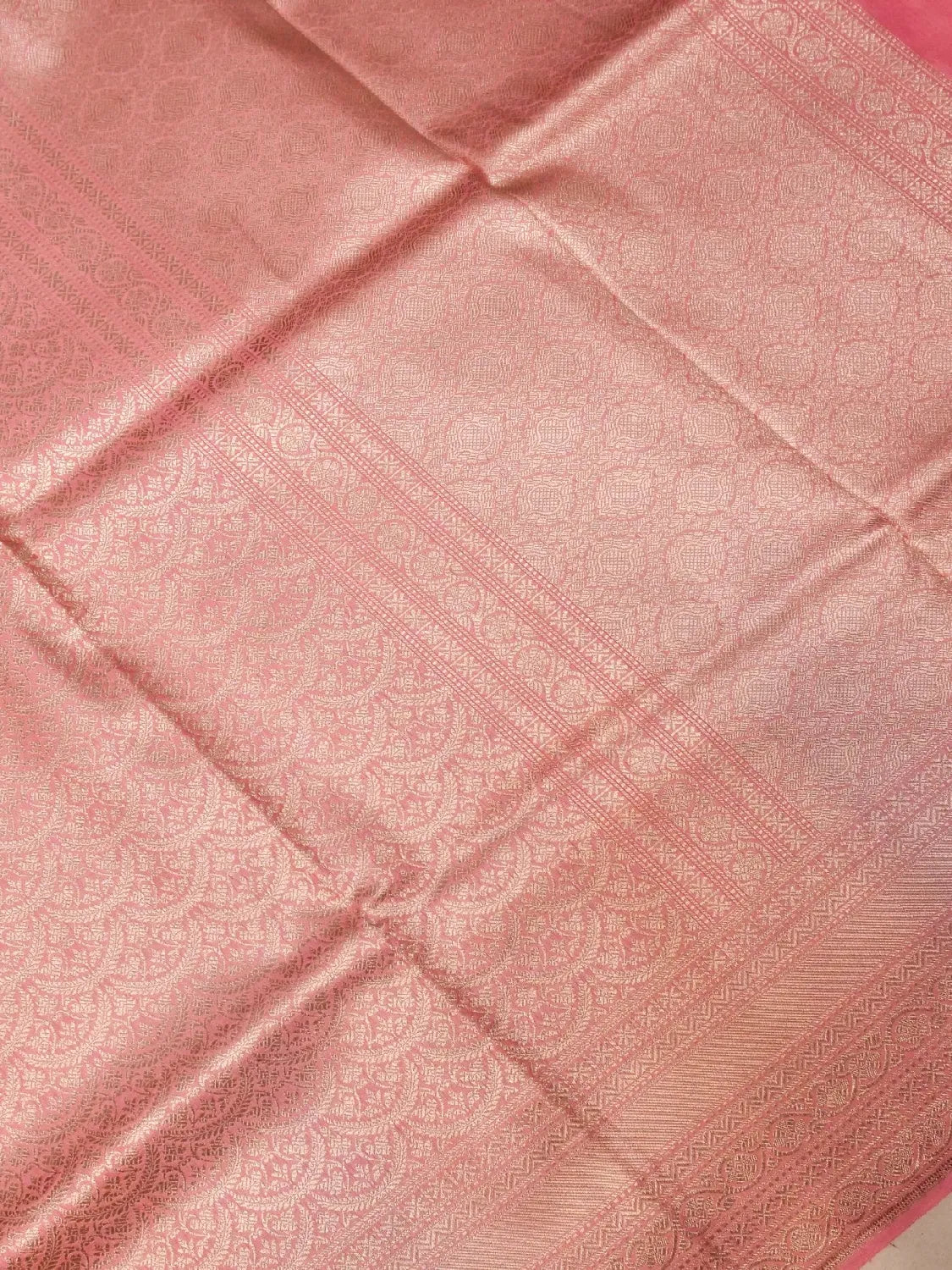 Handloom Peach Pink Banarasi Silk with Golden Zari Medallion Weave DSK00105