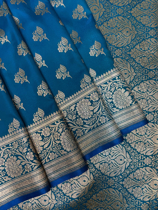 Teal Blue Katan Banarasi Saree with Gold Zari Floral Weaving And Grand Pallu B0653ds