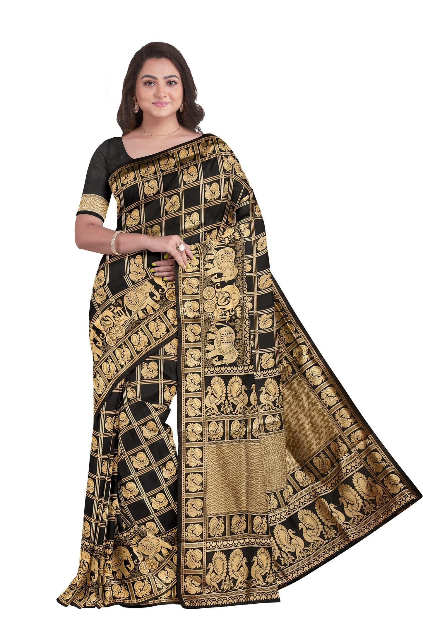 Black Viscose Silk Peacock Zari Checks Design Saree at0005