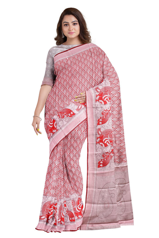 Red Art Silk Kanchi Peacock Border Design at0034