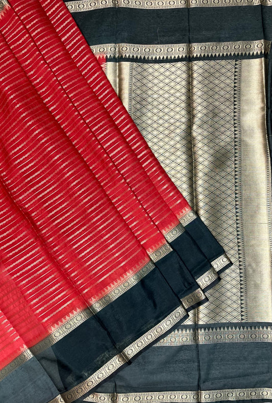 Red and Black Georgette Silk with Zari Stripes Design b0034ds