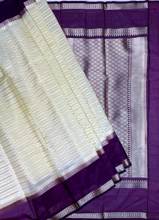 Cream and Violet Georgette Silk with Zari Stripes Design b0035ds