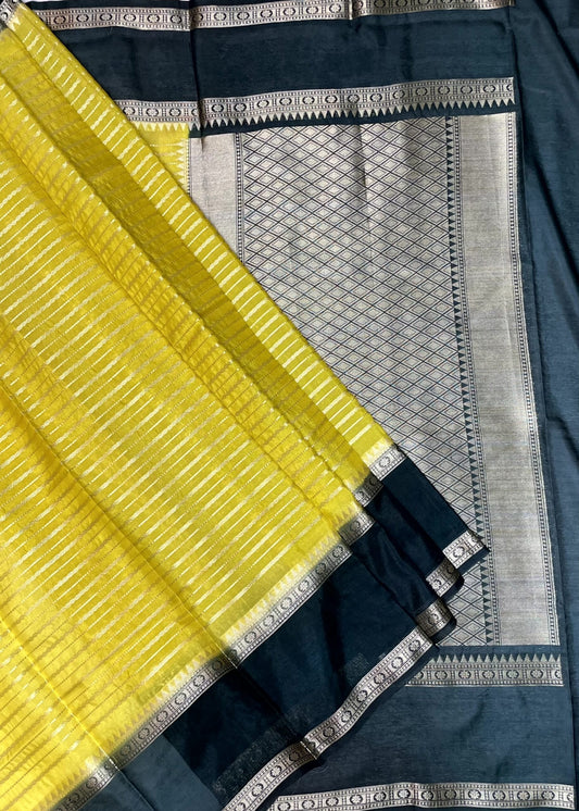 Mustard and Black Georgette Silk with Zari Stripes Design b0036ds