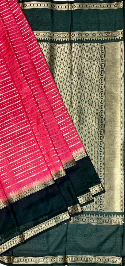 Pink and Black Georgette Silk with Zari Stripes Design b0037ds