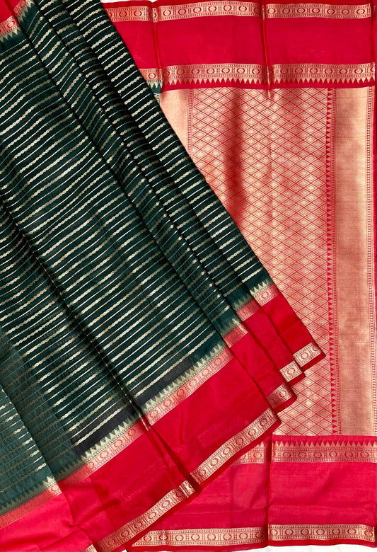 Red and Black Georgette Silk with Zari Stripes Design b0038ds