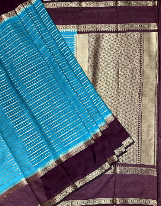 Sky Blue and Magenta Georgette Silk with Zari Stripes Design b0039ds