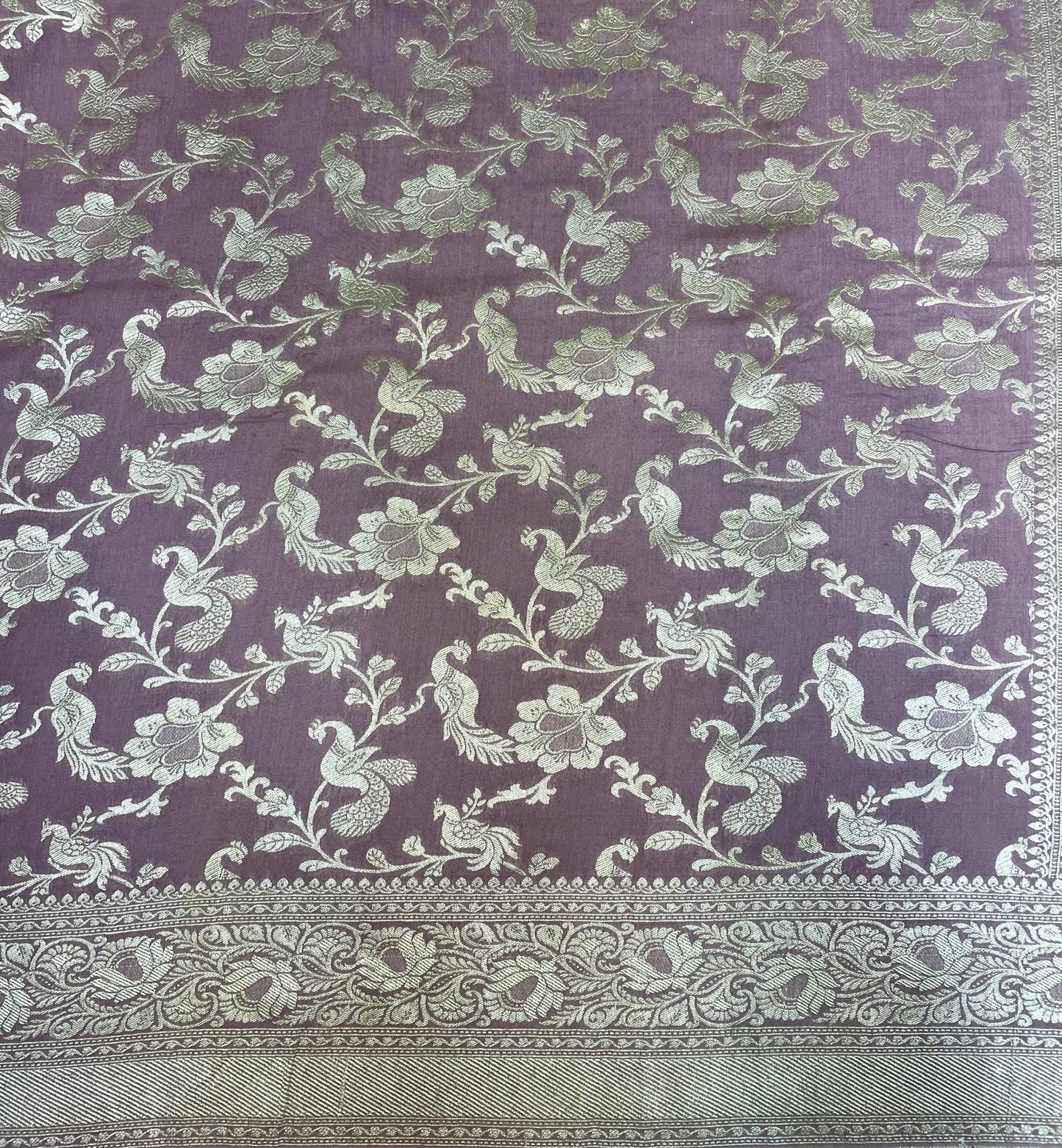 Brown Banaras Katan Silk Saree with Rich Zari Border and Birds and Floral Design b0081ds