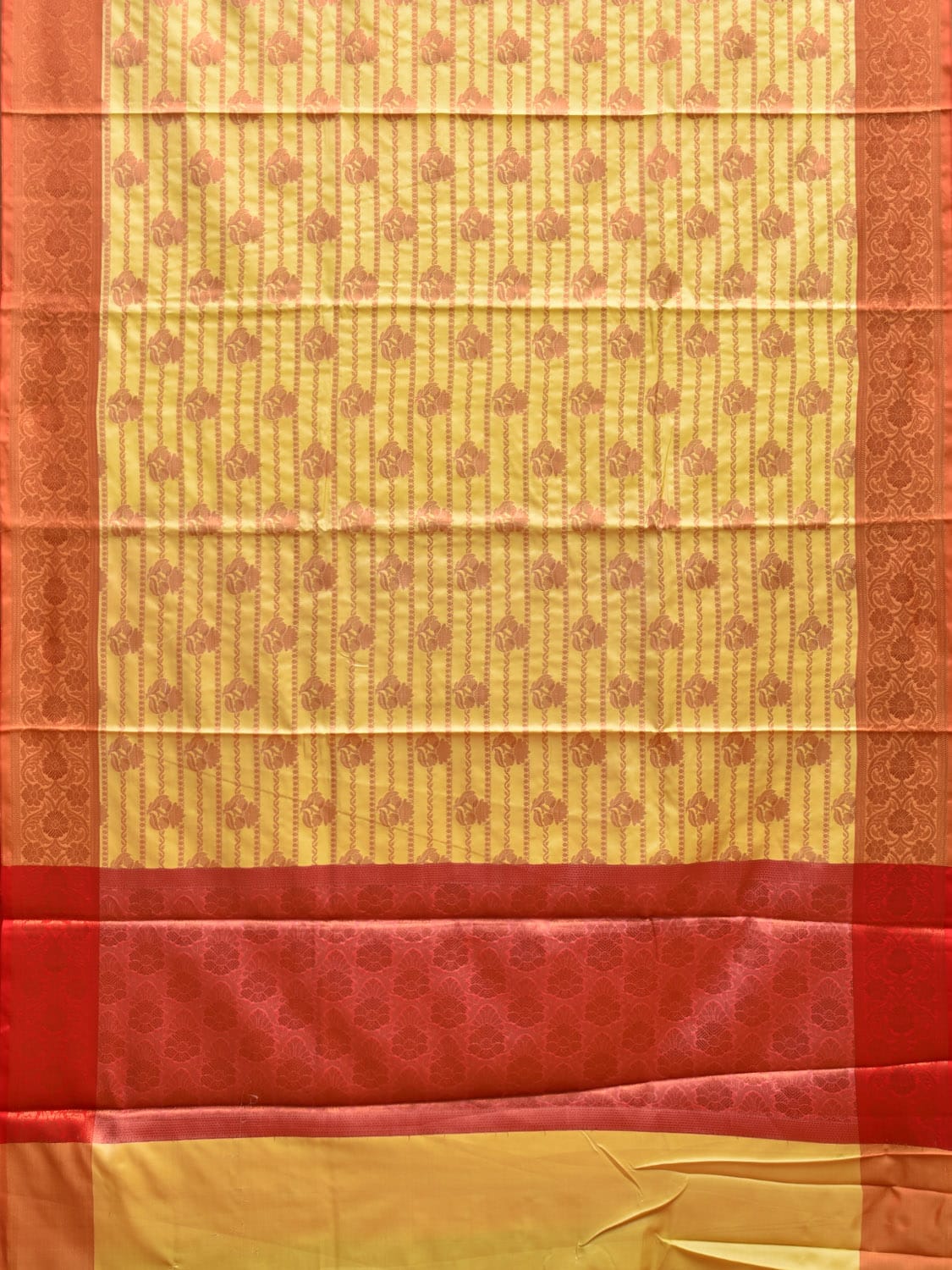 Mustard and Red Banaras Katan Silk Saree with Stripes and Body Butta Design b0136ds