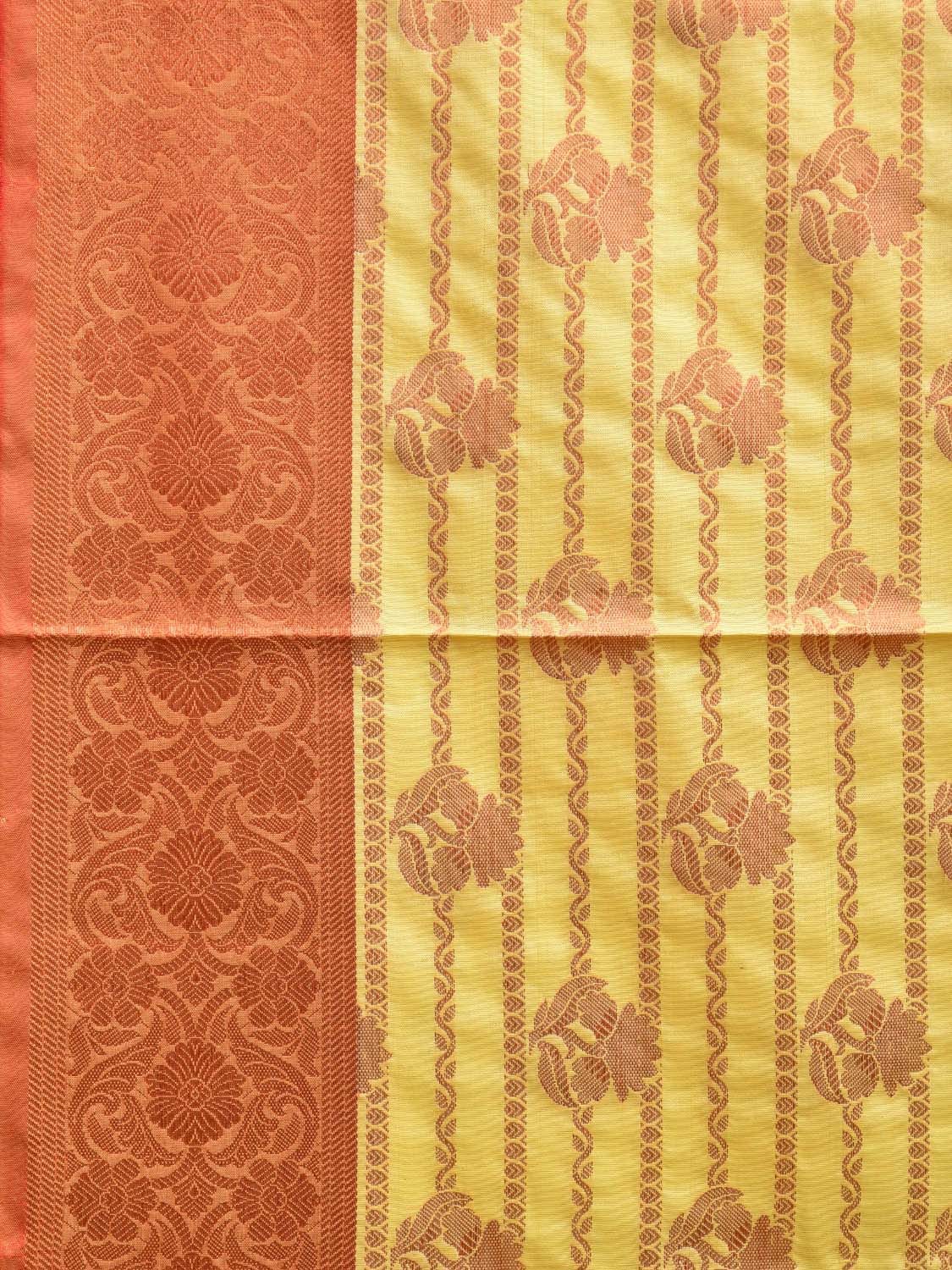 Mustard and Red Banaras Katan Silk Saree with Stripes and Body Butta Design b0136ds