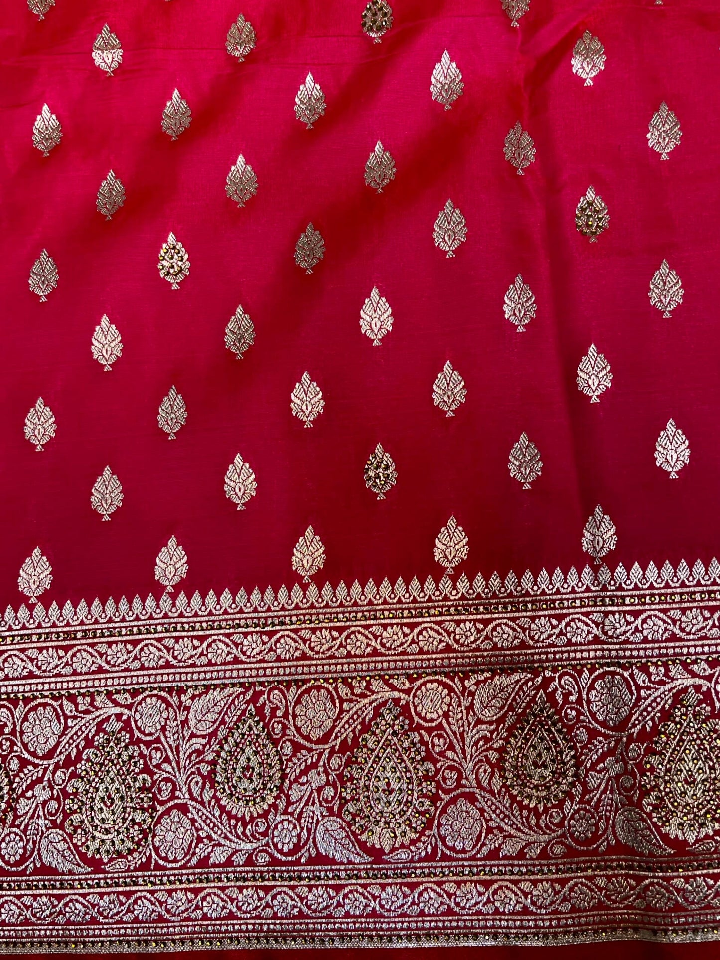 Rani Pink Banaras Katan Silk Saree with Body Butti and Stone Work Design b0163ds