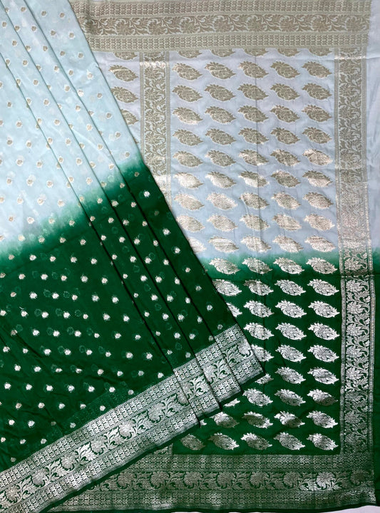 White and Green Banaras Georgette with Half and Half Dyed Body and Intricate Border Pallu Design b0180ds