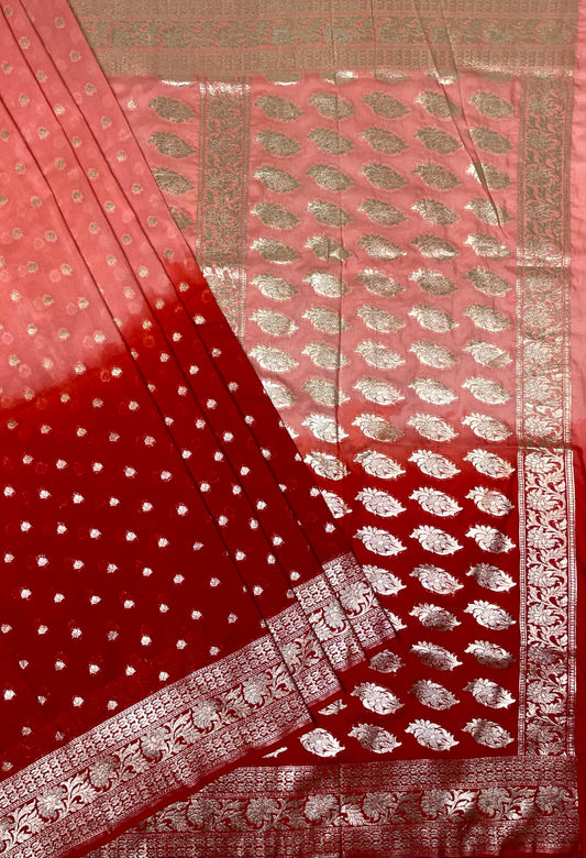 Red Banaras Georgette with Half and Half Dyed Body and Intricate Border Pallu Design b0182ds