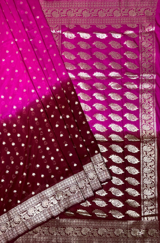 Maroon and Pink Banaras Georgette with Half and Half Dyed Body and Intricate Border Pallu Design b0183ds