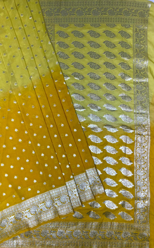Yellow Banaras Georgette with Half and Half Dyed Body and Intricate Border Pallu Design b0184ds