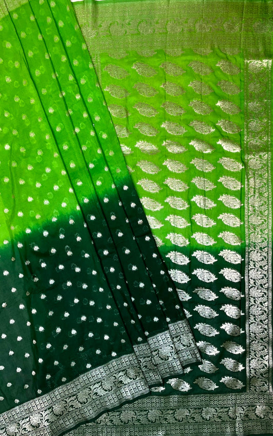Bottle Green Banaras Georgette with Half and Half Dyed Body and Intricate Border Pallu Design b0185ds