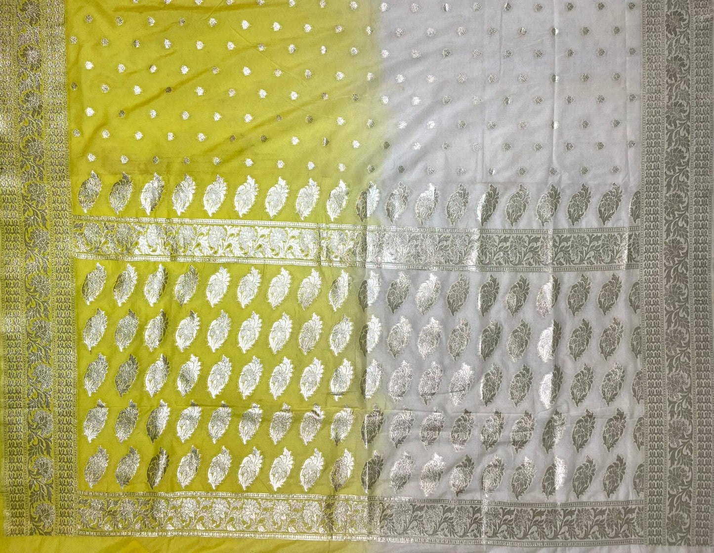 White and Yellow Banaras Georgette with Half and Half Dyed Body and Intricate Border Pallu Design b0186ds