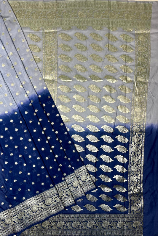 White and Blue Banaras Georgette with Half and Half Dyed Body and Intricate Border Pallu Design b0187ds