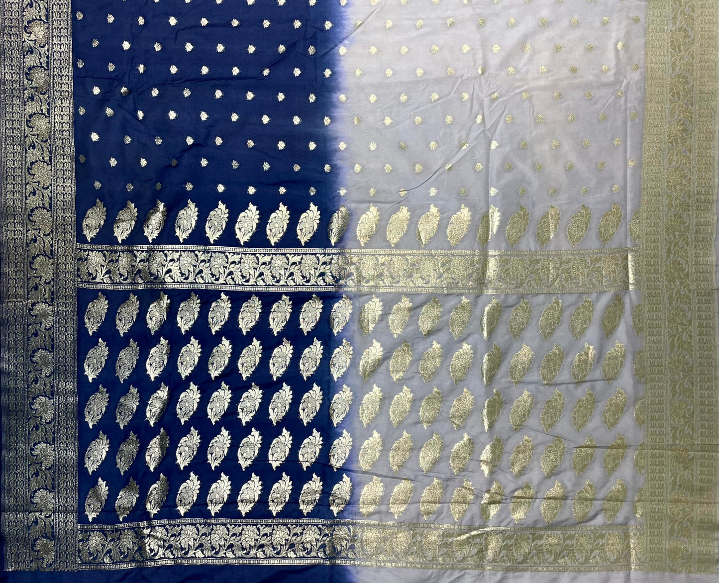 White and Blue Banaras Georgette with Half and Half Dyed Body and Intricate Border Pallu Design b0187ds
