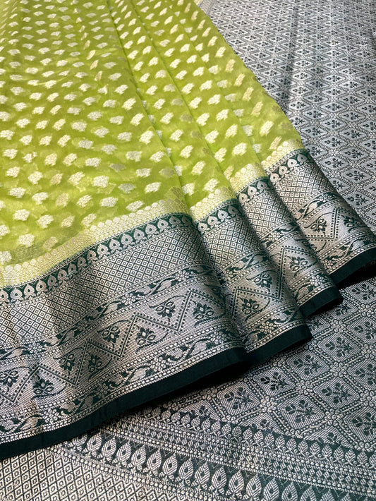 Yellow and Black Banaras Georgette with Body Butta Border and Pallu Design b0193ds