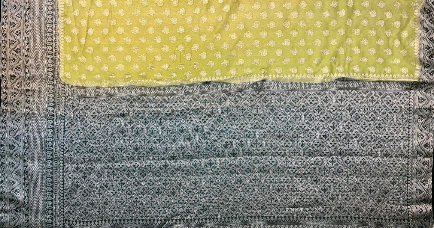Yellow and Black Banaras Georgette with Body Butta Border and Pallu Design b0193ds