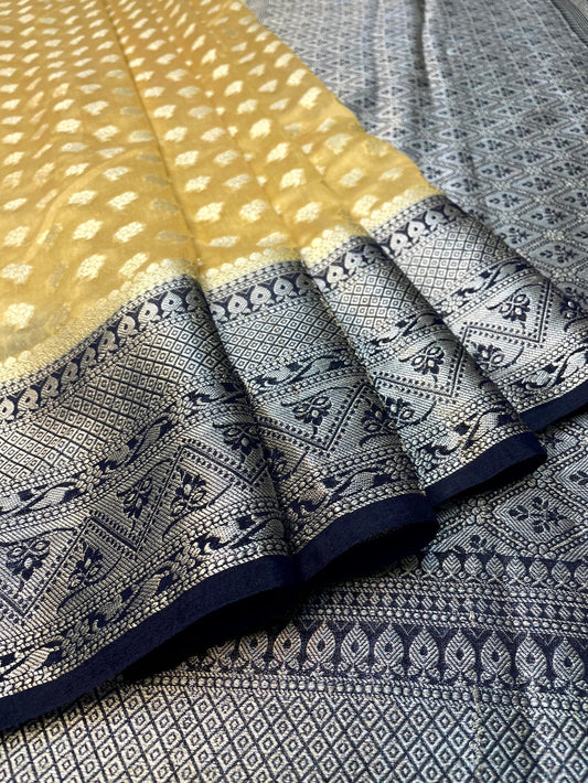 Mustard and Black Banaras Georgette with Body Butta Border and Pallu Design b0194ds