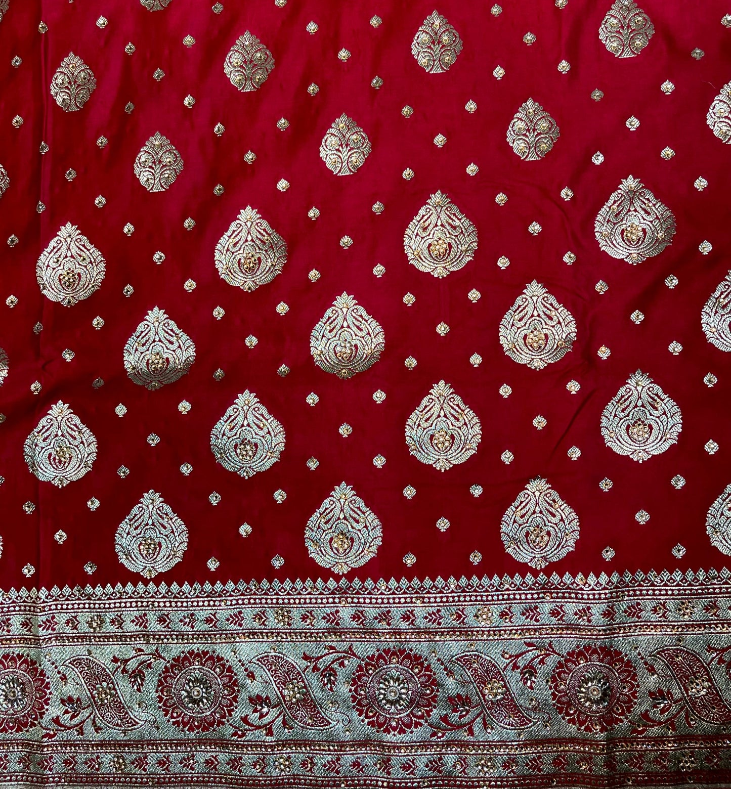 Tomato Red Banaras Katan Silk Saree with Body Butti and Stone Work Design b0202ds