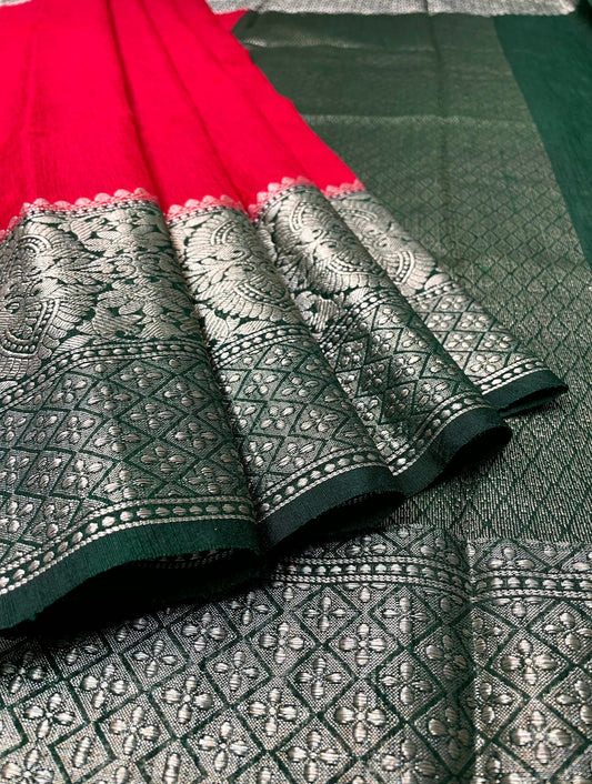 Black and Red Banaras Linen Saree with Intricate Border and Pallo Design b0206ds
