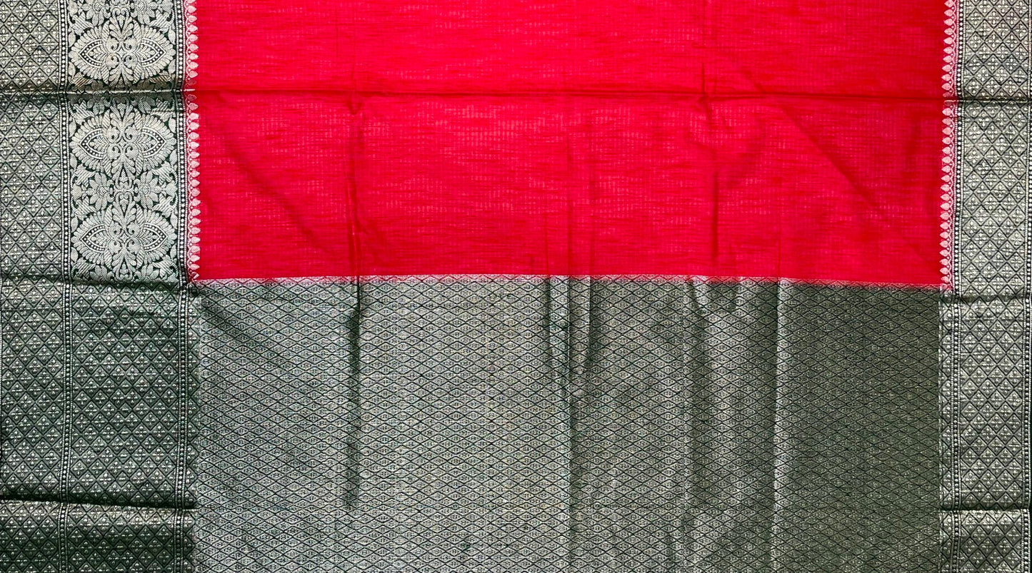 Black and Red Banaras Linen Saree with Intricate Border and Pallo Design b0206ds