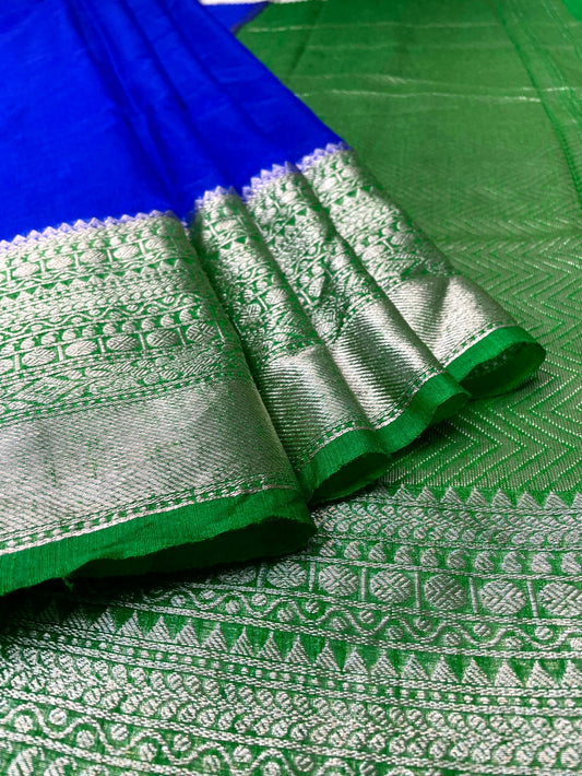 Blue and Green Banaras Linen Saree with Intricate Border and Pallo Design b0207ds