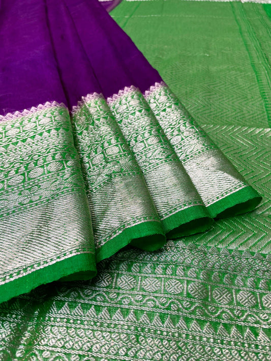 Purple and Green Banaras Linen Saree with Intricate Border and Pallo Design b0208ds