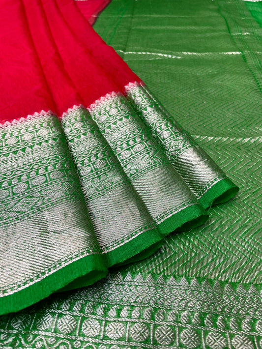 Pink and Green Banaras Linen Saree with Intricate Border and Pallo Design b0209ds