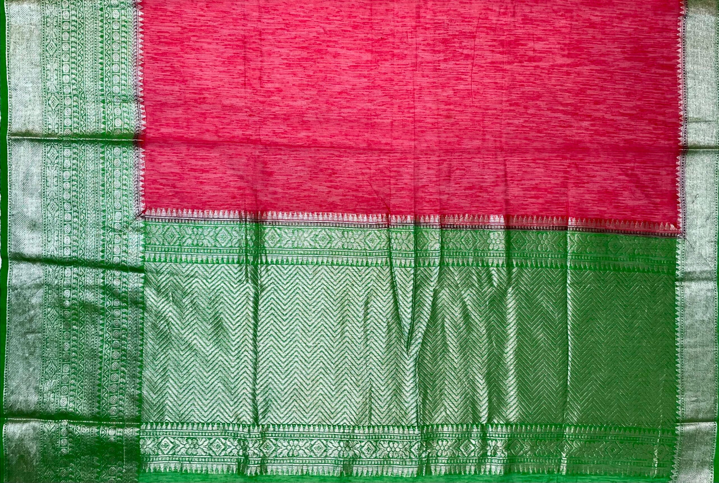 Pink and Green Banaras Linen Saree with Intricate Border and Pallo Design b0209ds
