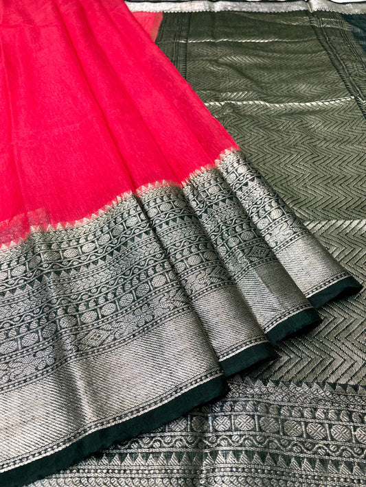 Pink and Black Banaras Linen Saree with Intricate Border and Pallo Design b0210ds