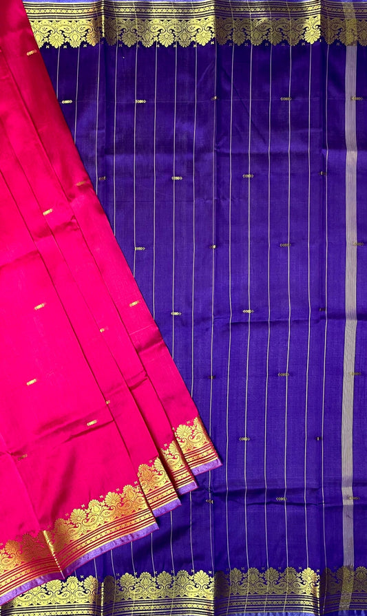 Violet and Rani Pink Banaras Viscose Silk with Intricate Kanchivaram Border and Body Butta Design b0214ds
