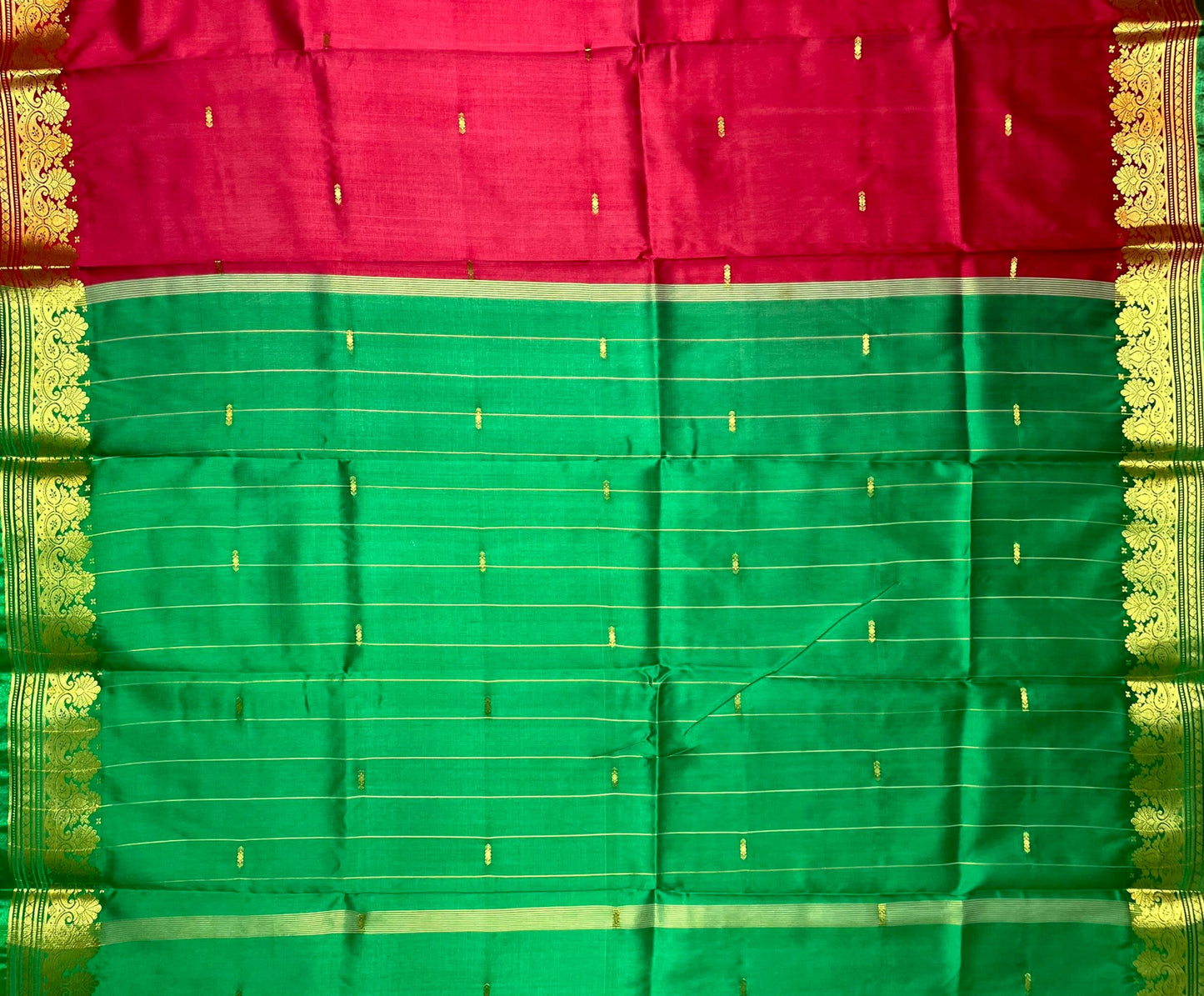 Green and Red Banaras Viscose Silk with Intricate Kanchivaram Border and Body Butta Design b0215ds