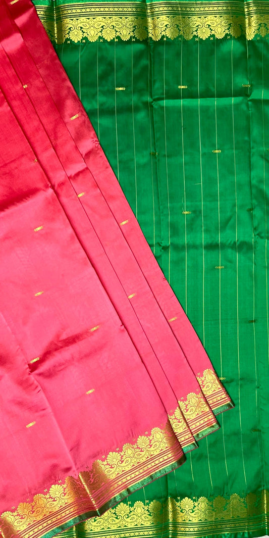 Green and Pink Banaras Viscose Silk with Intricate Kanchivaram Border and Body Butta Design b0216ds