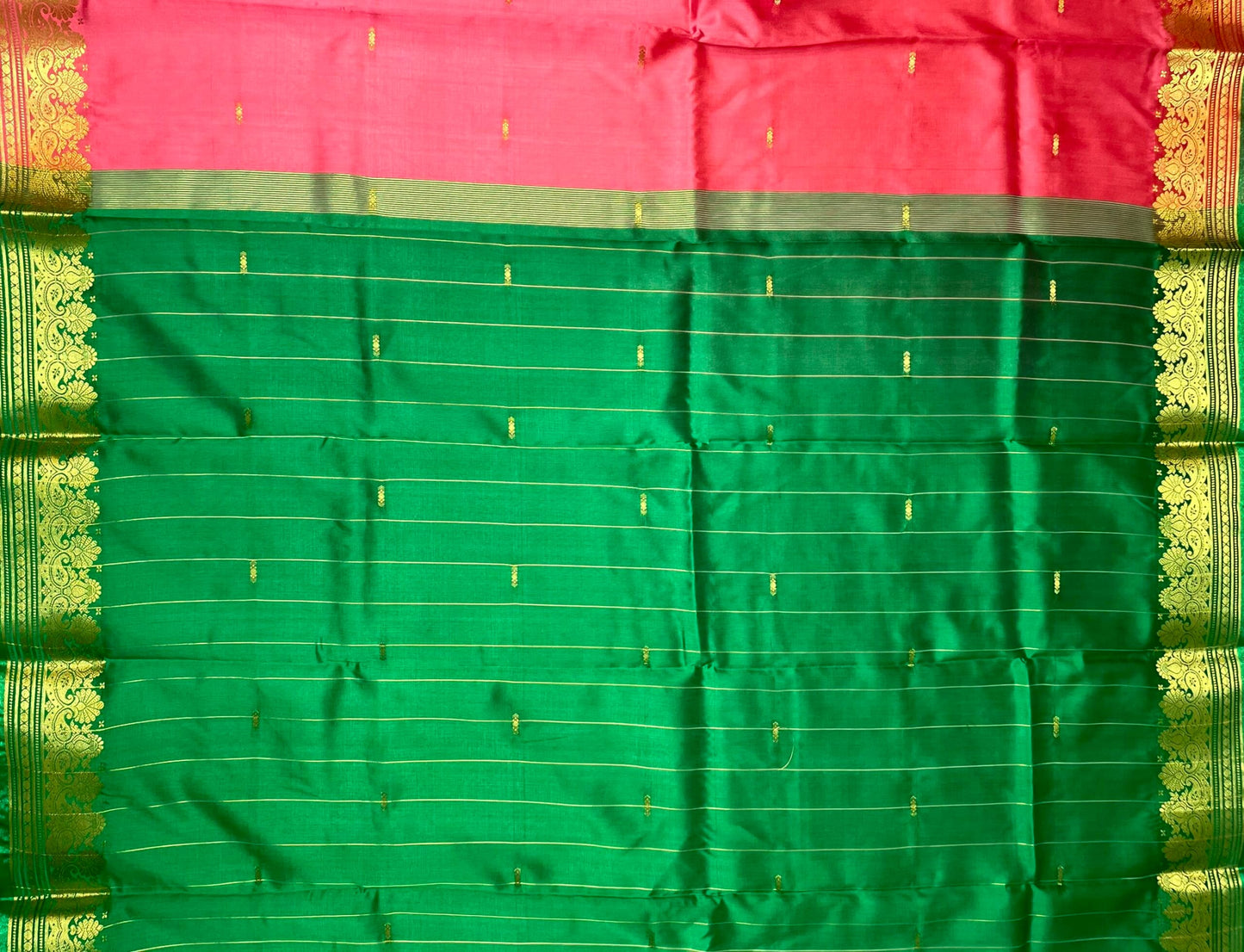 Green and Pink Banaras Viscose Silk with Intricate Kanchivaram Border and Body Butta Design b0216ds