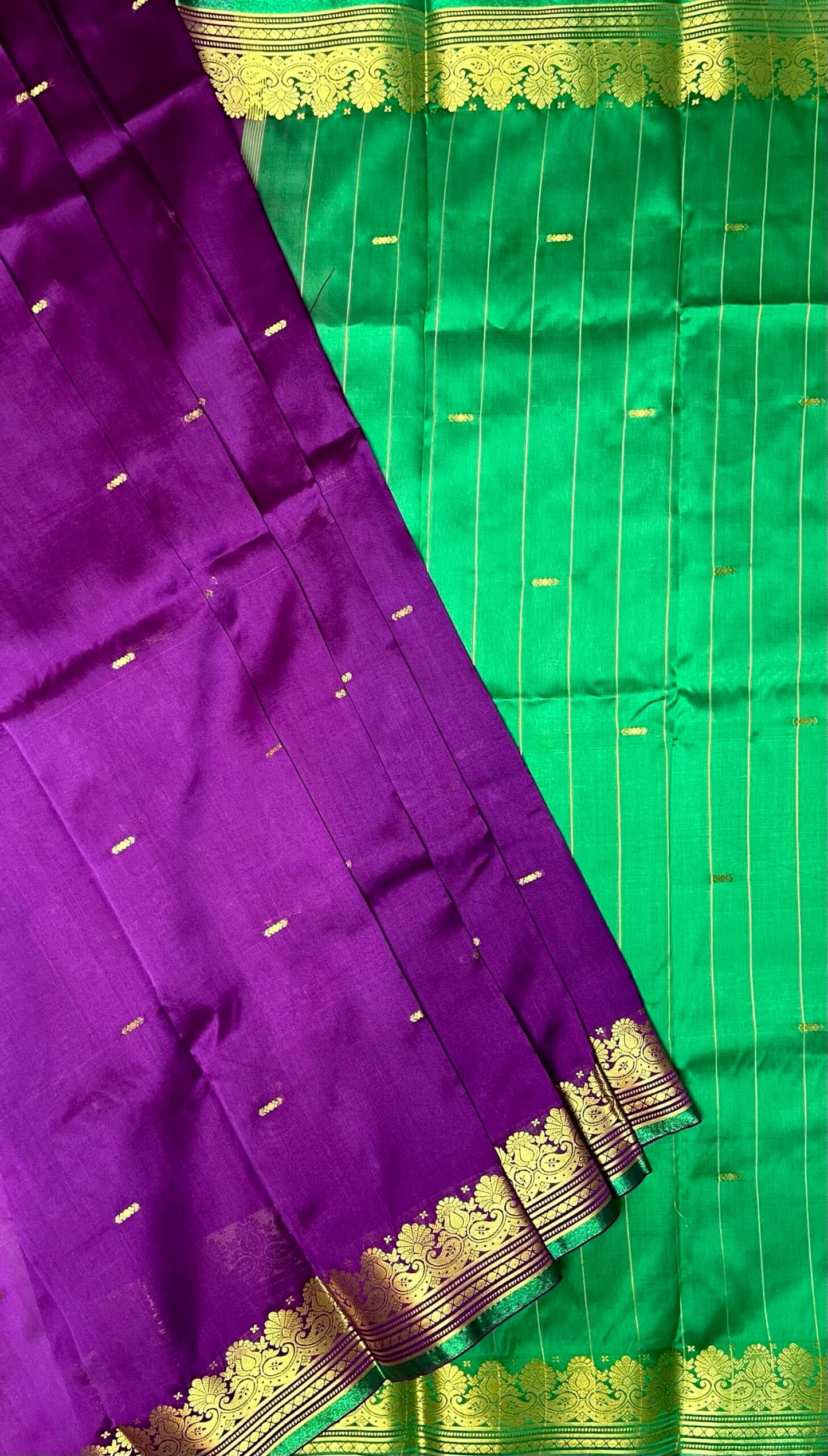 Green and Purple Banaras Viscose Silk with Intricate Kanchivaram Border and Body Butta Design b0217ds