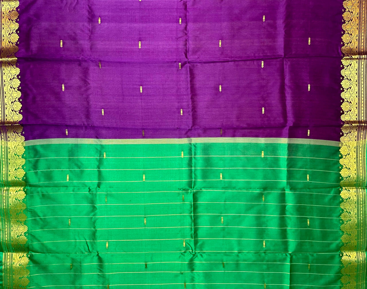 Green and Purple Banaras Viscose Silk with Intricate Kanchivaram Border and Body Butta Design b0217ds