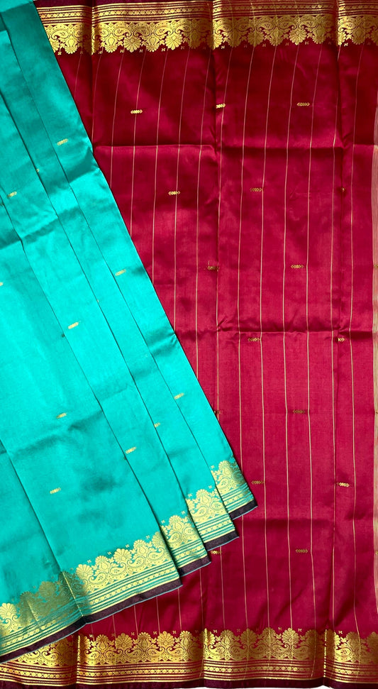 Turquoise and Red Banaras Viscose Silk with Intricate Kanchivaram Border and Body Butta Design b0218ds