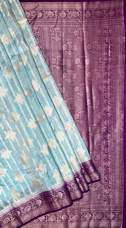 Sky Blue and Magenta Black Banaras Georgette with Body Border and Pallu Design b0269ds