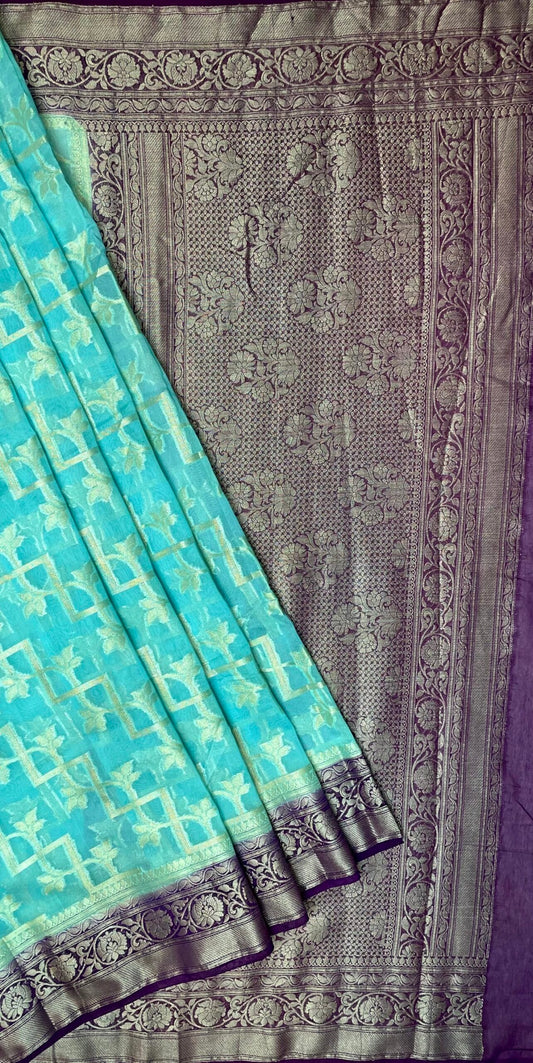 Light Blue and Magenta Black Banaras Georgette with Body Border and Pallu Design b0270ds