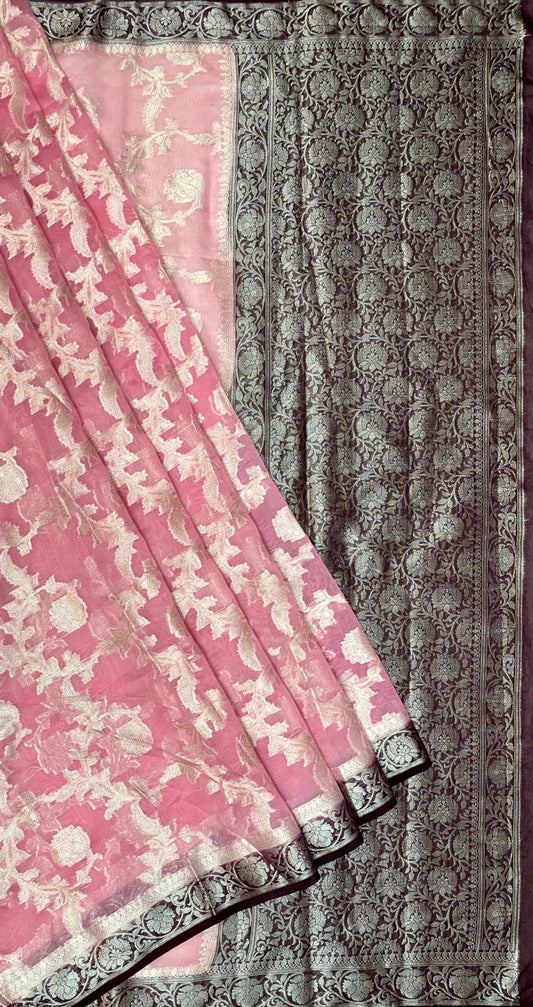 Onion Pink and Black Banaras Georgette with Body Border and Pallu Design b0273ds