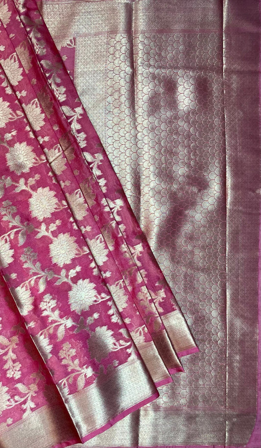 Onion Pink Banaras Georgette with Body Border and Pallu Design b0275ds