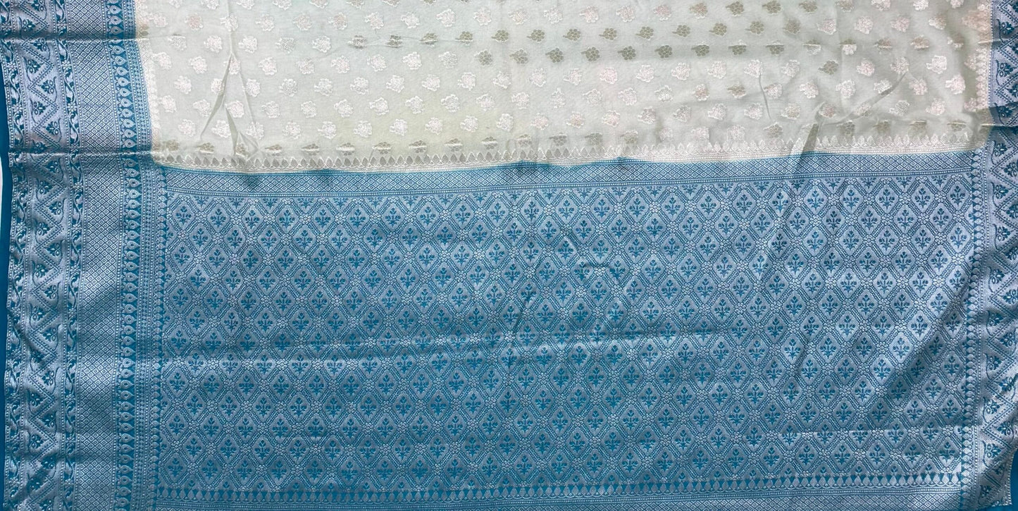 Light Yellow and Blue Banaras Georgette with Body Border and Pallu Design b0277ds