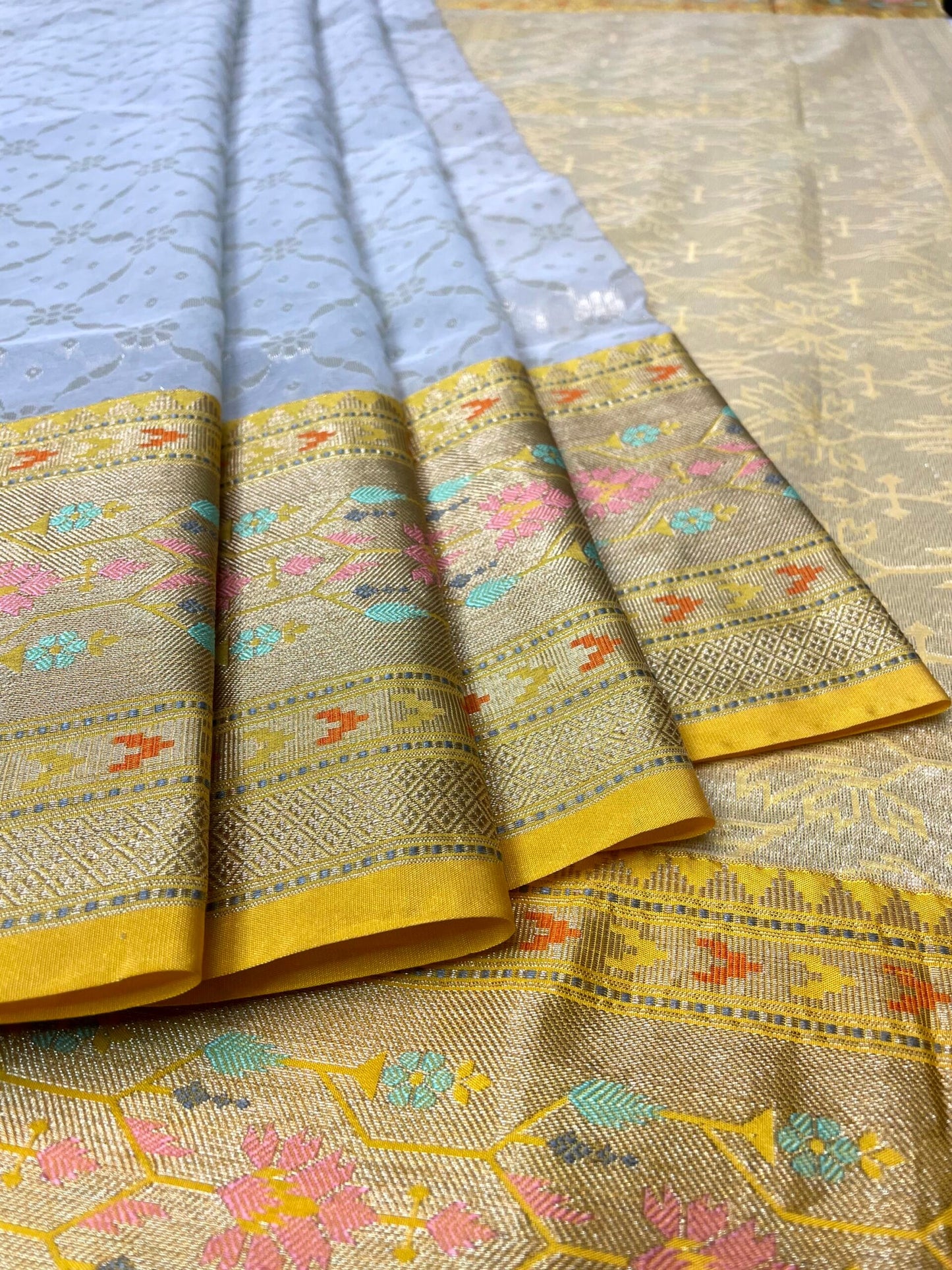 Yellow and Blue Organza Saree with Contrast Border and Allover Geometrical Body Design b0278ds