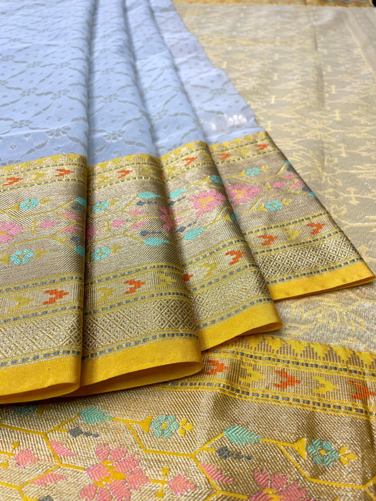 Yellow and Blue Organza Saree with Contrast Border and Allover Geometrical Body Design b0278ds