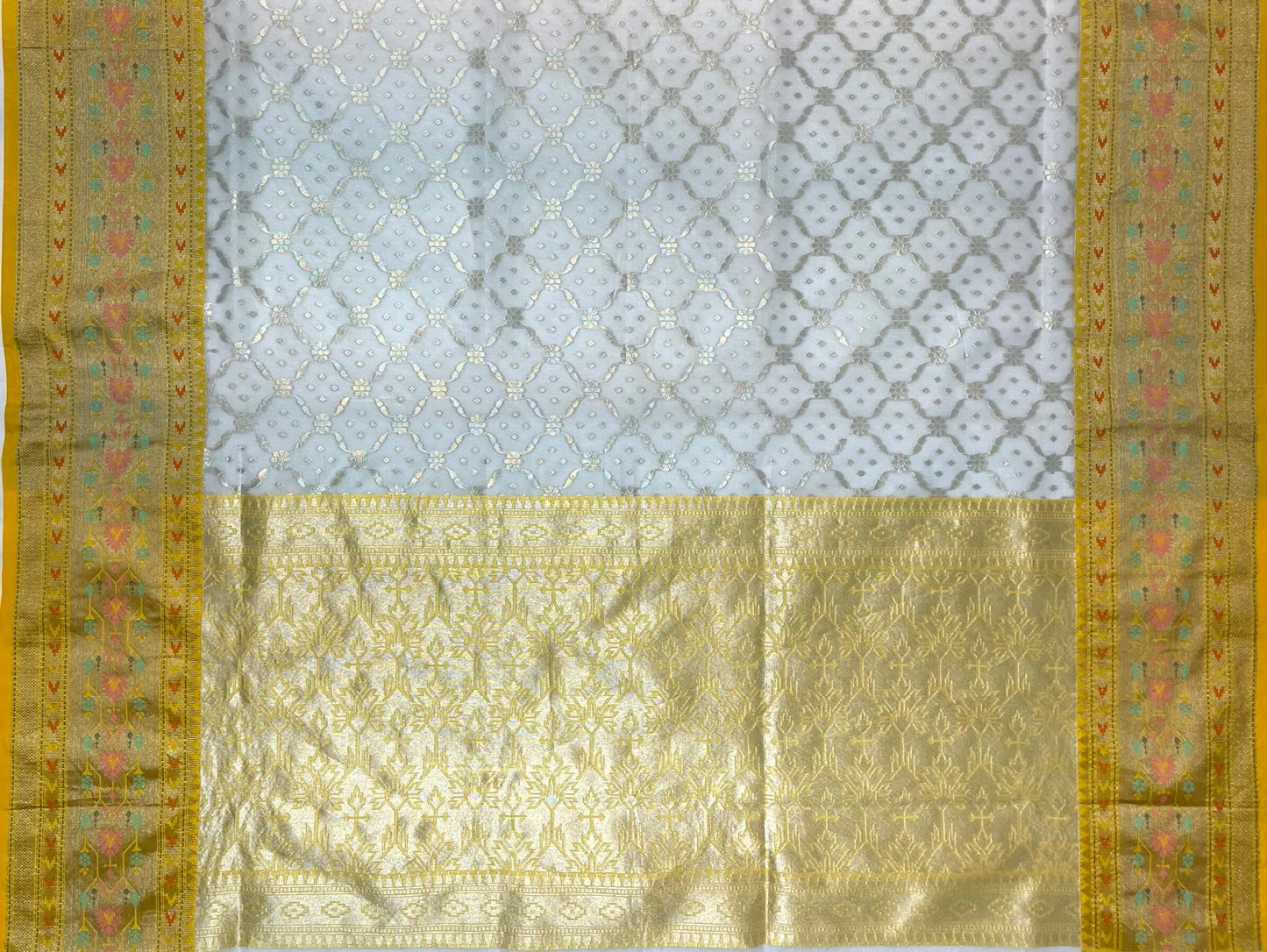 Yellow and Blue Organza Saree with Contrast Border and Allover Geometrical Body Design b0278ds